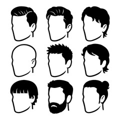 Men's Hair, Beard, and Mustache Silhouette Icons – Male Hairstyle and Facial Hair Set, Transparent Background