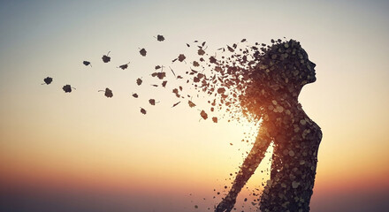 Symbolic Autumn Disintegration Woman's Silhouette of Leaves Against Sunset Dispersing into Air Light Within Torso Themes of Change Memory Ephemeral Life Nature Connection