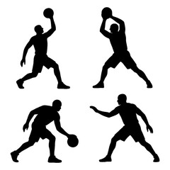 Basketball Player Silhouette Poses Collection with Action Gestures in Solid Black Style - Transparent Background