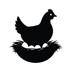 Black silhouette of hen on a nest with eggs, farm animal