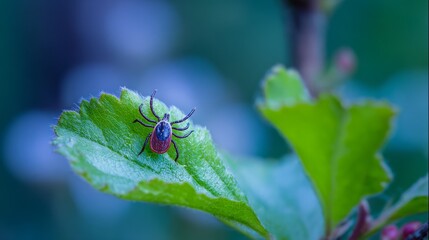 Naklejka premium Close-up of a tick on a green leaf, symbolizing Lyme disease transmission in nature, health risk and danger from parasites in outdoor environment.