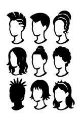 Women’s Hair Silhouette Collection – Female Hairstyles and Haircuts Icon Set, Transparent Background