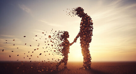 Poignant Leaf Silhouettes ParentChild Holding Hands in Field Backlit Sunset Forms of Dispersing Autumn Leaves Themes of Memory Time Legacy Ephemeral Life