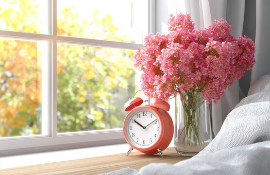 The image features a white alarm clock accompanied by pink hyacinth flowers on a wooden table, representing the Springtime concept and associated notions of daylight saving time, time change,