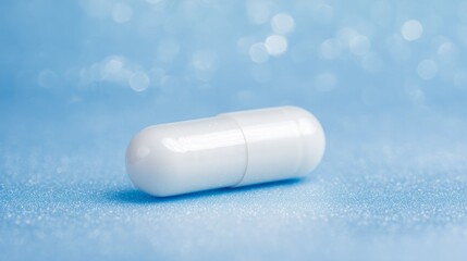 Sleek white capsule on minimalist blue background symbolizing pharmaceutical innovation for weight management, modern healthcare and medical treatment concept.