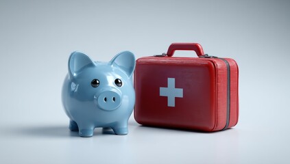 A piggy bank paired with a red medical kit on a blue background illustrates the importance of financial planning and health insurance due to escalating healthcare expenses and medical debt