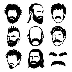 Men's Hair, Beard, and Mustache Silhouette Icons – Male Hairstyle and Facial Hair Set, Transparent Background