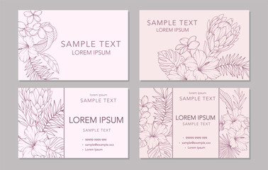 Floral Business Card Template. Invitation and Announcement Design. Elegant Botanical Card. Floral Line Art Drawing.  Delicate business card layout.  Vector Template for Business. Floral Background