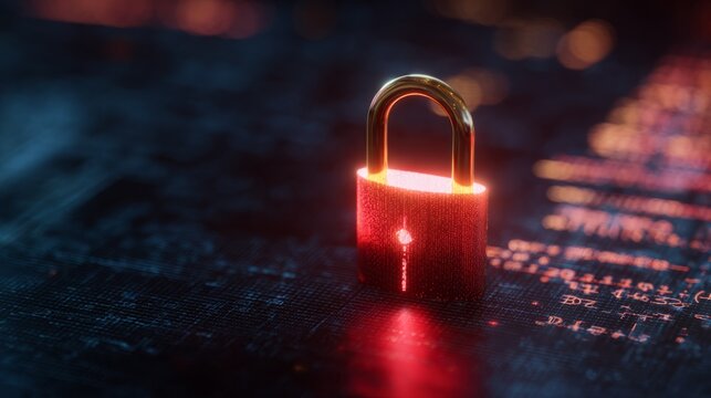 Glowing red padlock on dark digital interface symbolizing cryptocurrency security breach, blockchain technology concept for cyber security and data protection.