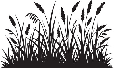 wild grass and wheat silhouette vector, black natural field scene with tall blades and grain stalks for rural and botanical design