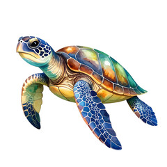 Fototapeta premium Majestic Sea Turtle: A stunning sea turtle gracefully glides through the ocean, its shell a mosaic of vibrant colors, embodying the serene beauty of the underwater world.
