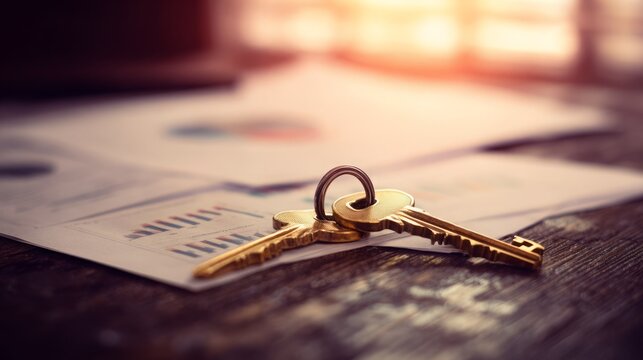 Two golden keys crossing on dark wooden table symbolizing business merger and company acquisition, corporate takeover and partnership concept.