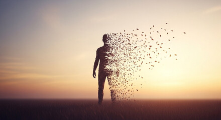Dissolving Silhouette at SunsetSunrise Human Figure Dispersing into Particles Vast Open Landscape Striking Visual of Transformation