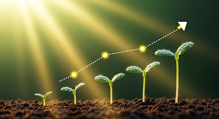 Dew kissed sprouts in rich earth bathe in golden sunlight charting a course of vibrant growth hope and ascending success