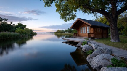 Obraz premium Tranquil Lakeside Cabin at Dusk Reflecting on Still Water