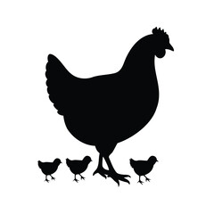 Silhouette of a Hen with Three Chicks in a Minimalist Vector Design