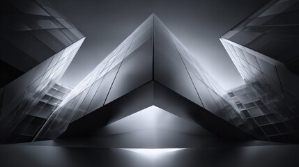 Abstract modern architecture with dark geometric shapes and reflective surfaces, creating a futuristic and minimalist design.