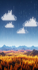 Stylized Digital Landscape Dark Blue Sky Abstract Data Rain Cloud Bar Graphs Low Polygon OrangeRed Forest Wireframe Mountains