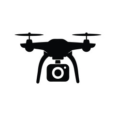 A simple black silhouette of a camera drone with camera attached