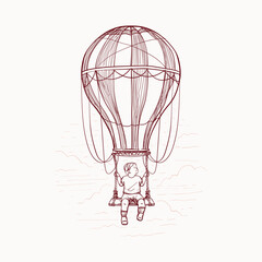 A kid boy sitting at swing on below vintage hot air balloon fly high around cloud sky. Artistic imagination fantasy story tale illustration poster banner cover print