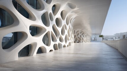 Modern architectural facade featuring a unique, flowing white structure with abstract organic shapes and openings, viewed from a textured wooden walkway under a clear sky.
