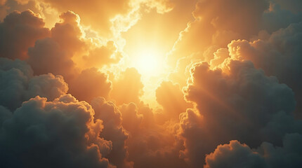 A bright, golden light bursts through dark clouds, creating a dramatic and powerful scene in the sky