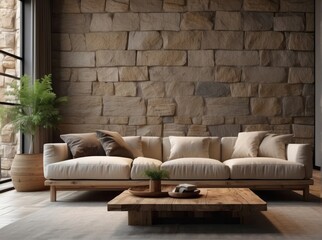Beige sofa and wooden live edge coffee table against stone wall. Rustic home interior design