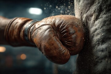 Close-up of a powerful punch from an old leather boxing glove striking a heavy bag, creating a cloud of dust, symbolizing strength and determination in a gritty gym setting.