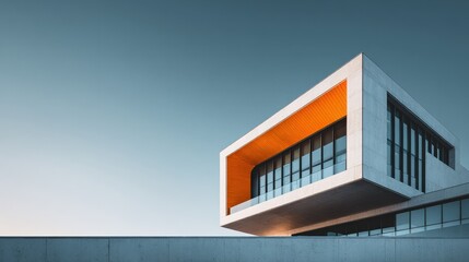 Modern architectural building with clean lines and a striking orange detail against a clear blue sky, minimalist design.
