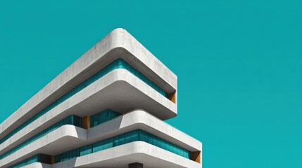 Modern architectural detail of a concrete building with curved lines and blue glass windows against a vibrant teal sky, showcasing contemporary design