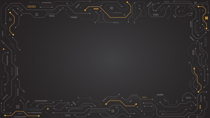 Grey dark circuit wire path frame HUD screen with yellow lines abstract technology business background template