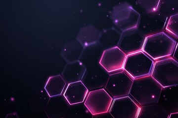 Futuristic abstract background with glowing purple hexagons and floating particles, representing technology, science, and digital connections.