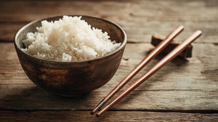 Rustic wooden table with a bowl of white rice and chopsticks, showcasing a simple and traditional Asian meal setting.