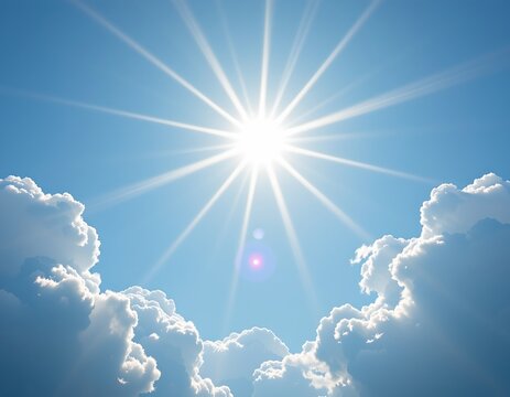 the scene shows a sky filled with sunlight and clouds. a bright light source shines from the upper part of the image, with beams of light radiating outward