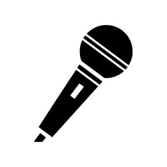 Minimalist black and white vector illustration featuring a classic microphone with a round head and a long handle, complete with an on/off switch. 