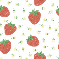 Seamless pattern with hand-drawn strawberries, green leaves, small white flowers on a transparent background. Perfect for summer textiles, packaging, wrapping, digital prints, and surface decoration