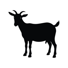 Silhouette of a male goat with horns standing against a white background