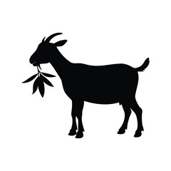 A stark black silhouette of a goat eating leaves on a white background