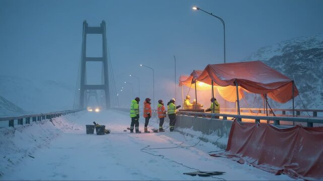 Workers on a bridge in the winter in snow wearing safety gear