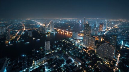 Night cityscape aerial view illuminated skyline river urban development