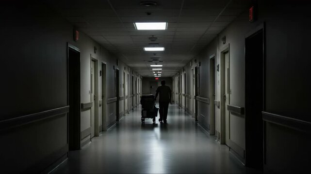 Worker pushing cart down empty hallway in hospital, rear view