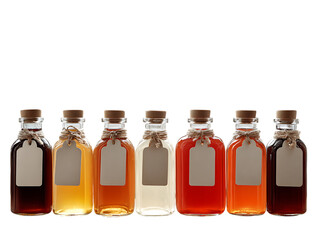Homemade Kombucha in Small Glass Bottles with Blank Labels on a Windowsill on white background