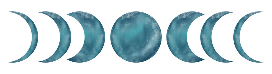Beautiful blue and green Moon phases isolated on white background. Watercolor hand drawn digital illustration. Cute for the kids design, decoration of clothes, room, interior, textile, print