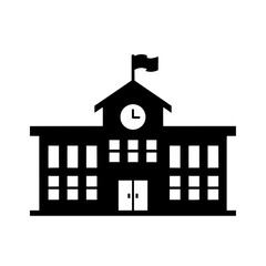 Black vector icon illustration of a classic school building silhouette, complete with a clock tower and flag. 