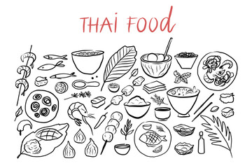 Set with Thai cuisine sketch on isolated background. Banner with national Thailand food with jasmine rice, seafood, noodles, fish, Tom Yum Kung, Som Tam, shrimp, mango, desserts. Vector illustration