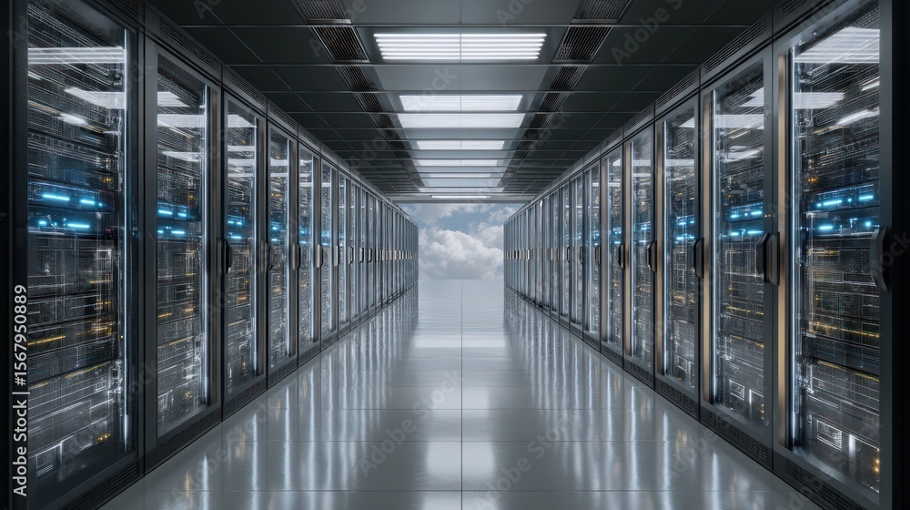 Poster modern data center server room network technology and cloud computing infrastructure