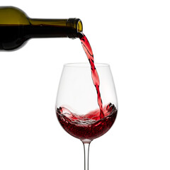 Red wine pours gracefully from a bottle into a stemmed glass against a sleek black backdrop, showcasing the rich color and inviting aroma of a perfect beverage.