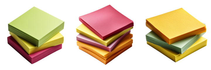 Colorful sticky notes stacked in three piles, isolated on transparent background