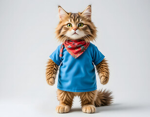 A cute and stylish Maine Coon cat character stands upright, wearing a cool blue t-shirt and a red patterned bandana.