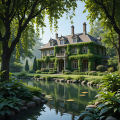 a old large house near a river/ environmentally friendly construction 4k laptop wallpaper
